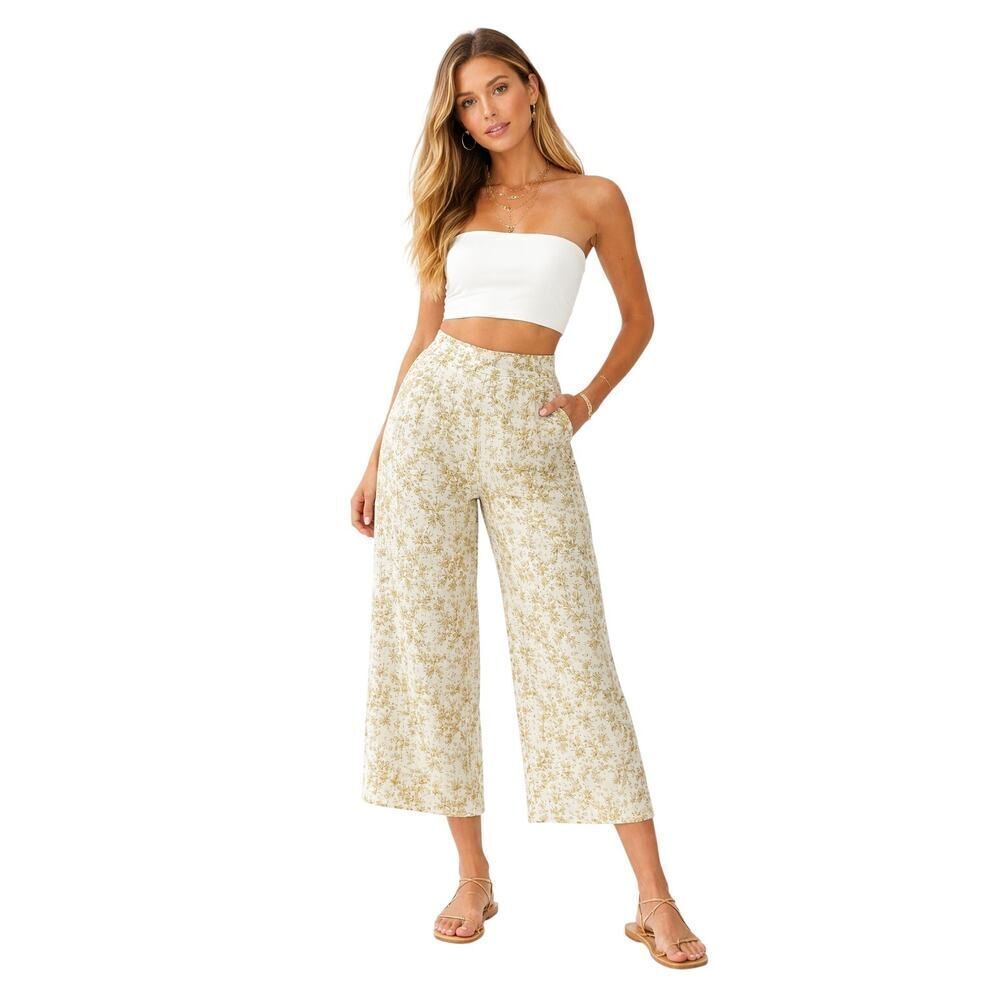 JOIE Women's Floral Print Wide Leg Cropped Linen Pants White/Yellow Size Medium